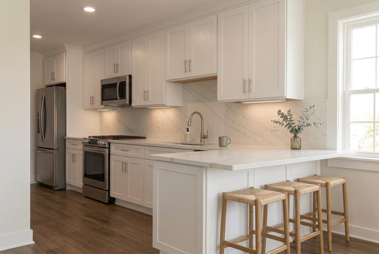 Conceptual soft-white shaker kitchen with veined stone counters and backsplash, warm brown plank flooring, and the original attached peninsula seating three