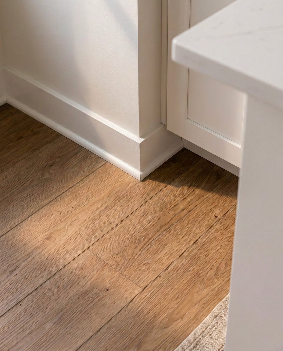 Conceptual finish study of warm brown plank flooring, soft-white shaker cabinetry, pale-gray walls, and a subtly veined stone countertop edge